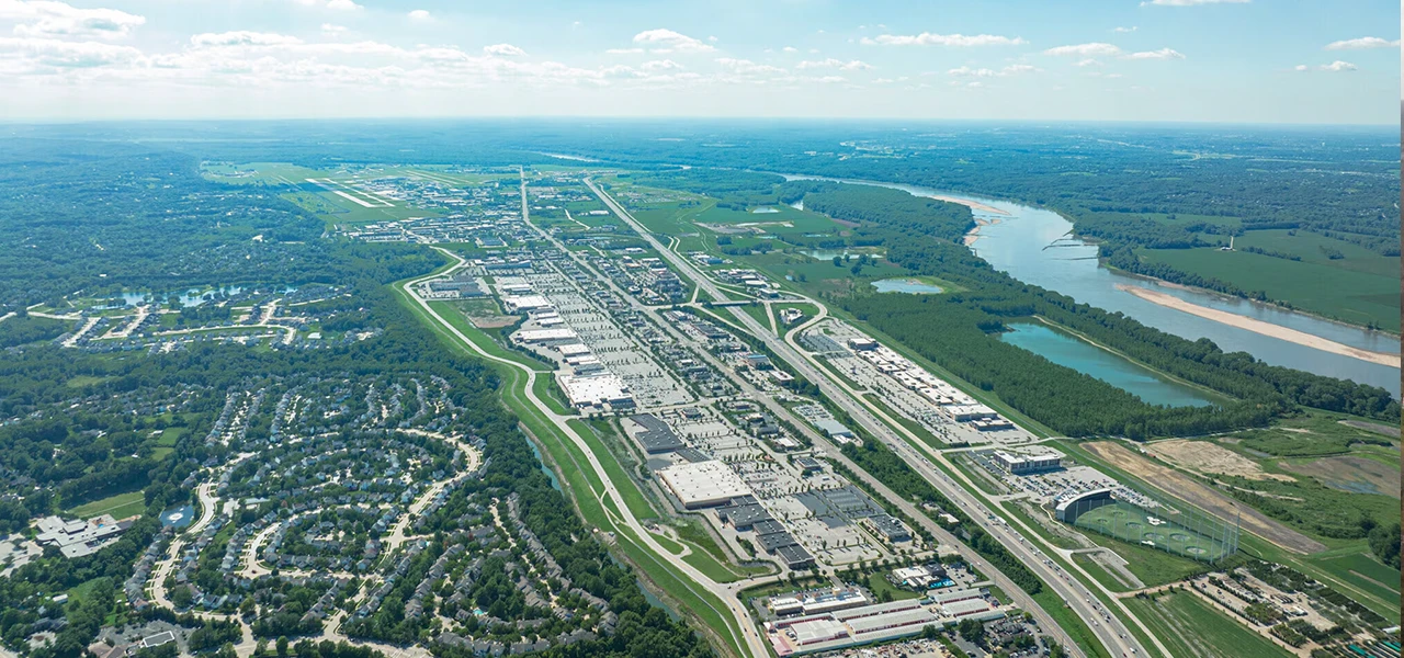 Aerial drone shot of Chesterfield neighborhood in Missouri - Spring Cleaning Company professional junk removal service area